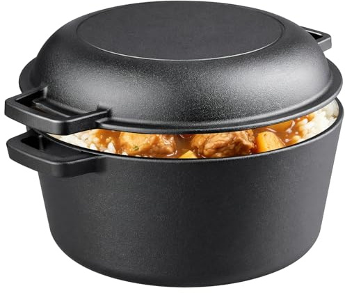 2-in-1 Cast Iron Dutch Oven Pot with Skillet Lid, 5 L Pre-Seasoned Casserole Pot Set with Dual Handles for Bread Baking Stews Roasting Camping and BBQ
