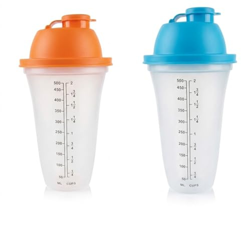 2 Shaker 50 cl arancio e celeste con Scala Graduata Bicchiere Dosatore 500 ml con Tappo ad incastro per caffe' freddo granite frullati Cocktail Proteine Pastelle Salse ed Emulsioni