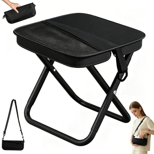 HHDESHSL Sedia Pieghevole Portatile, Mini Sedia Pieghevole per Esterni in Ferro e Tessuto Oxford con Tracolla, 120 kg, Sgabello Pieghevole da Campeggio per Pesca Trekking Giardino, Nero