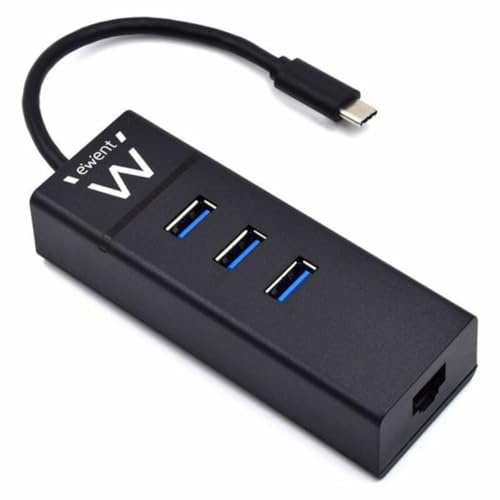 Ewent EW1141 USB C Hub, 3 Puertos USB 3.0 y Adaptador LAN 1000 Mbps Gigabit Ethernet RJ45, USB 3.0 Hub de Alta Velocidad de transmisión de Datos para Macbook, Chromebook