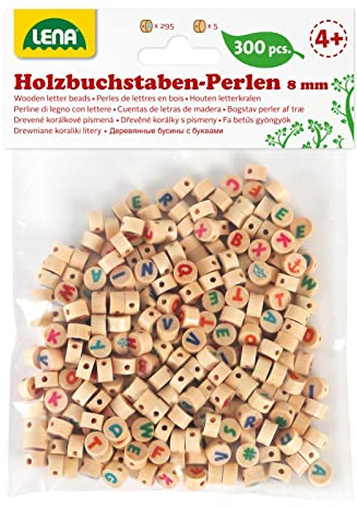 Lena 32051 - Bastelset Buchstabenperlen aus Holz, Set mit 300 runden Fädelperlen und mit bunten Buchstaben, Holzperlen Set für Kinder ab 3 Jahre, zum selber basteln von Perlen Schmuck, Natur Braun