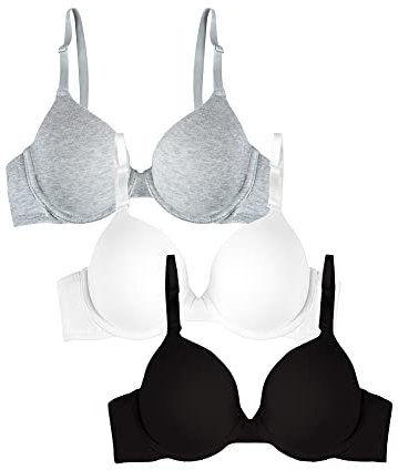 Fruit of the Loom Women's T-Shirt Bra, Opaque, Black/White/Grey Heather, 38B (Pack of 3)