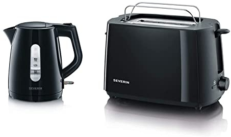 SEVERIN Wasserkocher 1,0 L, mit Kalkfilter, schwarz, WK 3410 & Automatik-Toaster, Toaster mit Brötchenaufsatz, hochwertiger Toaster mit Krümelschublade und 700 W Leistung, schwarz, AT 2287