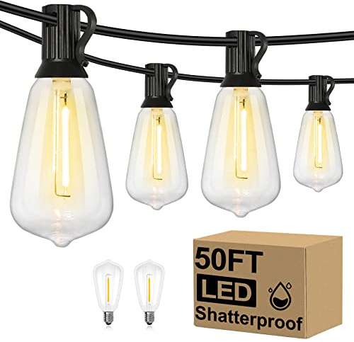 Brightever 50FT Outdoor String Lights Waterproof, 2700K Bright LED Patio Lights with 27 ST38 Shatterproof Vintage Bulbs, Retro Connectable Edison String Lights for Outside, Garden, Balcony, Porch
