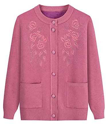 Gouekst Mother's Knitted Sweaters Cardigan - Bestickte Blumen Oma Plus Velvet Sweater Coat Warme Strickjacke Mittleren Alters Für Herbst-Winter-Frauen Dickes Oberteil,Pink,X,Large