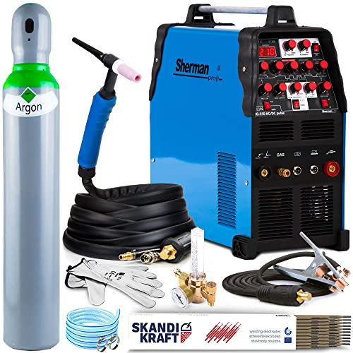 Sherman TIG 210 AC/DC Pulse - 200A WIG Schweißgerät AC DC mit Puls und präziser Steuerung - Profi HF-Zündung WIG Puls Schweißgerät für Aluminium mit MMA-Schweißmodus - Set: Professional