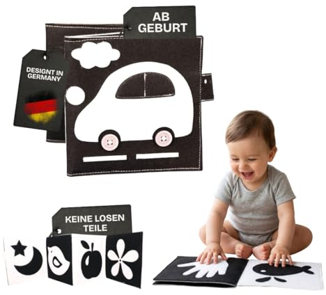 Jolly Designs Kontrastbuch Baby ab Geburt – Quiet Book Schwarz Weiß – Montessori Babyspielzeug & Fühlbuch – Kontrastkarten Alternative – Baby Buch 0 Monate – Handgefertigtes Motorik Lernspielzeug