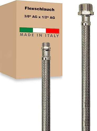 Flexschlauch AG x AG Edelstahl Panzerschlauch Anschlußschlauch Sanitär Armaturenschlauch Hauswasserwerk Made in Italy (3/8 x 1/2 - 1500 mm)