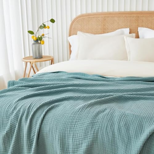 EMME Musselin-Decke 230x230 Baumwolle Oeko-TEX Erwachsene Tagesdecke,Türkis | Sommer-Überwurf Decken Für Bett Atmungsaktive Gaze-Decke Ganzjährig Weich & Leicht Vorgewaschene Baumwolldecke Bettdecke