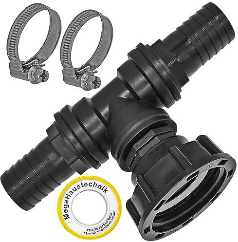 MegaHaustechnik IBC Tank S60x6 Zubehör Anschluß Adapter mit 2-fach Schlauchtülle AußenØ 20mm für 3/4“ Schlauch, 2 Edelstahl Schlauchschellen, Dichtband, T-Stück Schraub Anschluß Kappe Deckel