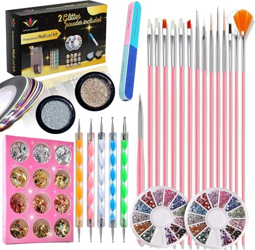 121 Pcs Nail Art kit Accessories Nail Art Brushes, Tools, Nail Pen designing Dotting, Colourful Nail foil, Stripping Manicure Tape, Rhinestone, Nail Glitter Powder, Nail File, In Nail Art Kit Set