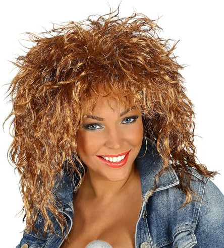 Tina 80s Disco Queen Shag Cut Perücke Braun Löwenmähne fransig Locken Rockstar Popstar