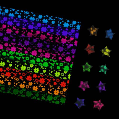 URROMA Strisce di carta a forma di stella, 630 pezzi, che si illuminano al buio, carta per origami a forma di stella portafortuna, pesca, cuore, quattro foglie, erba, motivo floreale, stelle luminose,
