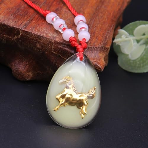 XRCXBLSC Luminous 12 Zodiac Pendant Gold-Plated Crystal 12 Zodiac Pendant Chinese Zodiac Necklace Gold Round Disc Handmade Animal Pendant Amulet Lucky Charm Necklaces Jade Necklace(Horse）