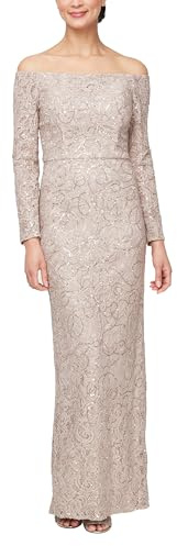 Alex Evenings Womens Long ¾ Sleeve Off Shoulder - Elegant Mother of The Bride Dress, Buff Corded, 14 US