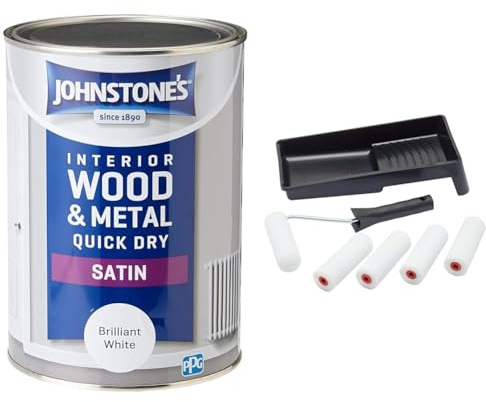 Johnstone's - Quick Dry Satin - Brilliant White - Mid Sheen - Water Based - Interior Wood & Metal & Fit For The Job 7 pc Foam Mini Paint Roller Set for Painting with Gloss & Satin