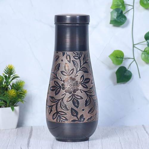 Pure Copper Tulip Jar Antique Engraving Floral Designed with Inbuilt Glass Capacity 1400ML Antique Black Copper 4.5 x 4.5 x 10.5 Inches