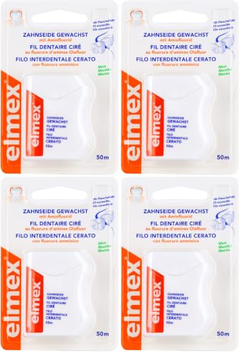 elmex Zahnseide 50 m – gewachstes Zahnband für eine gründliche Zahnreinigung – Faden mit Flauscheffekt und Aminfluorid beugt Karies und Zahnfleischentzündungen vor (Packung mit 4)