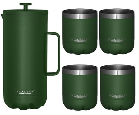 Scanpan TO GO Cafetière à piston 1,0 L (vert forêt) + 4 tasses à vide de 250 ml (vert forêt) – Acier inoxydable 18/8 de qualité alimentaire – Revêtement anti-rayures – Passe au lave-vaisselle