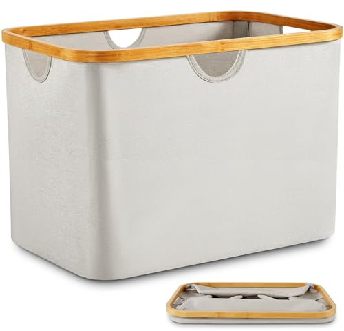 DOKRVLOQ Collapsible Laundry Washing Baskets Cream Bamboo Cloth Fabric 68L Large Foldable Wash Clothes Storage Ironing Basket Folding Space Saving Laundry Hamper