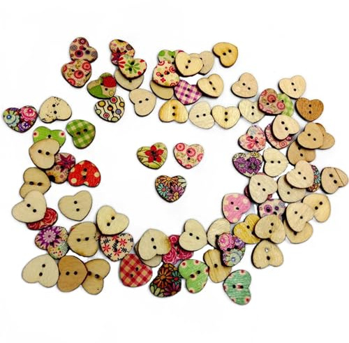 Hrlace 100 Stück Knöpfe in Herzform mit 2 Löchern 17mm Vintage Bedruckt Bunt Knöpfe Blumenmuster Holzknöpf Malerei Holz Nähen Knopf dekorative Button zum Nähen, Scrapbooking, Handwerksprojekte
