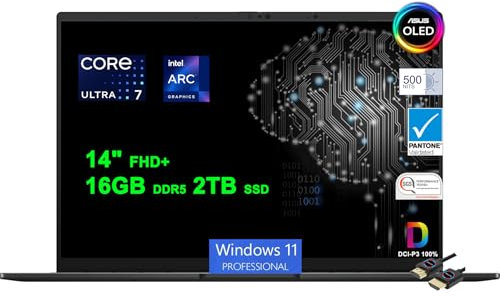 ASUS Zenbook OLED Copilot AI PC Laptop | 14 FHD+ Lumina OLED Touch 550nits 100% DCI-P3 Glossy | Intel 16-core Ultra 7 155H | 16GB DDR5 2TB SSD | Backlit Thunderbolt Harman/kardon Win11Pro +HDMI Cable