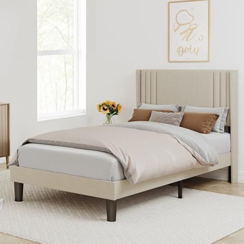 Bealife Letto Imbottito 120x200 cm con Testiera e Base in Legno - Struttura Letto Piatto con Supporto Doghe, Beige