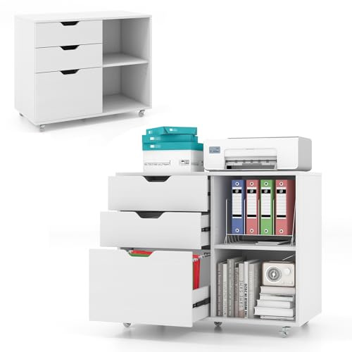KOMFOTTEU Armario Archivador Móvil con Ruedas, Mueble Auxiliar con 2 Compartimentos, 3 Cajones para Archivos Carta, A4, Legal, Soporte para Impresora con Estante Ajustable para Oficina (Blanco)