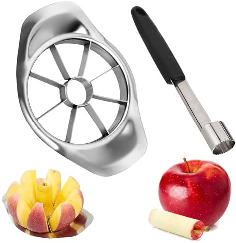 Apple Corer and Slicer 2Pcs Set, Stainless Steel Apple Slicer Cutter & Corer Fruit Slicer with Handle for Home Kitchen Sharp Fruit Cutter Remover with 8 Blades for Apple Pear Orange Tomato Lemon