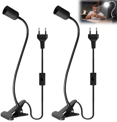 GBKDQQ 2 portalampada E27 con clip, lampada a morsetto con interruttore e spina, lampada a morsetto con collo di cigno regolabile a 360°, attacco E27 per lampada a collo di cigno, lampada da