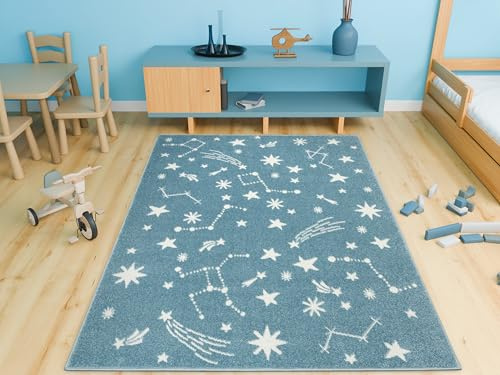 AKCILA Lima Blau Planeten,Sterne 120x170cm,Kurzflorteppich Schlafzimmer, Kinderzimmer Teppich, Babyzimmer Tepich,Teppiche Gegend, Dekorativ Kids Carpet,Kinderteppich,Spielteppich Kinder,Teppich Jugend