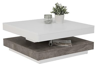 Hela Tische, Couchtisch Wohnzimmertisch Andy, Quadratisch, Holzwerkstoff,Tischplatte drehbar 360°, Weiß/Beton dunkel, 67x67x35cm