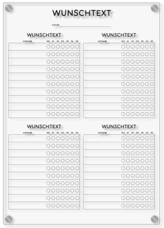 Personalisierter Acrylglas Wandkalender - Habit Tracker abwischbar DIN A3, A2 oder A1 XXL wählbar inkl. Montagematerial und Edelstahl Abstandhalter, langlebig, klarer UV-Druck