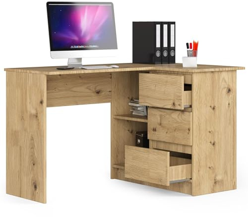 BDW Eckschreibtisch Eiche Artisan rechts, 3 Schubladen rechts und 2 Regale, viel Platz zum Entfalten. Perfekt für Jugendzimmer, Büros und Ateliers.