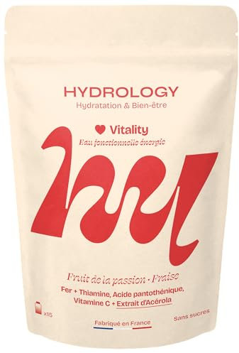 HYDROLOGY - Eau Aromatisée - Pastilles sans sucre - Boisson vitaminée énergie & vitalité - Hydratation quotidienne - 15 pastilles effervescentes - Végan & naturel - Passion Fraise - Vitality