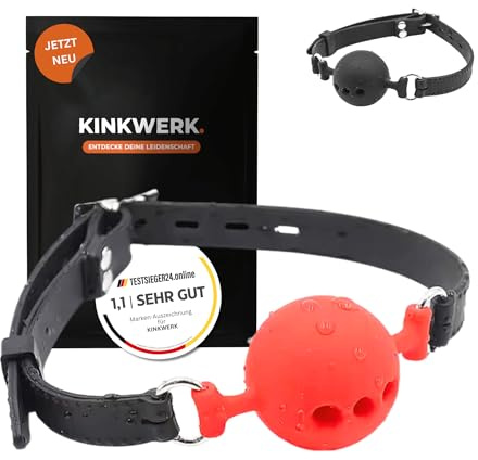 KINKWERK Mundknebel aus Silikon mit Luftlöchern | Knebel | Verstellbarer Ball Gag für Sexspiele & BDSM (Rot, S / ⌀ 3,5 cm)