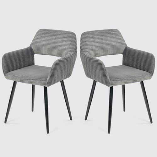 MEUBLE COSY Esszimmerstuhl 2er Set Küchenstuhl Polsterstuhl Wohnzimmerstuhl Sessel mit Armlehne, Sitzfläche aus Cordstoff, Metallbeine, Grau