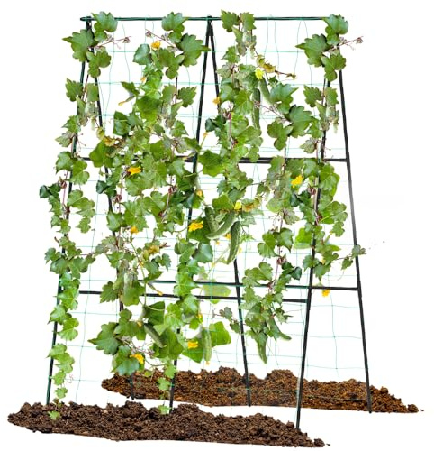 GOPLUS Treillis Tomates Concombre, Grille pour Plantes Grimpantes Forme A, Treillis pour Plantes Extérieures Jardin, avec Filet en PP Vert et Métal Revêtu de PE, 88 x 124 x 30-60 CM