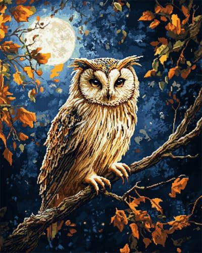 AYAOYANGGO 11CT Kreuzstich Set Stickset Mit Eulen Und Mond，Fantasietiere，Kreuzstich-Set Für Erwachsene Mit Nadeln，Schereneinfädler，Vordruck Für Die Wanddekoration Zu Hause 40x50cm