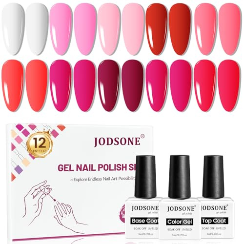 JODSONE 12 esmaltes de uñas en gel de base y capa superior, color rojo y rosa, brillante, moda regalo para mujeres