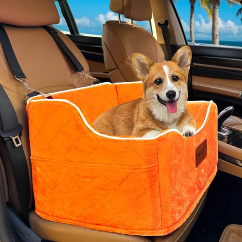 Hunde-Autositz für kleine, mittelgroße Hunde, abnehmbar, waschbar, Sitzerhöhung unter 15,9 kg, erhöhtes Hunde-Autobett mit Aufbewahrungstaschen, Orange, Einheitsgröße