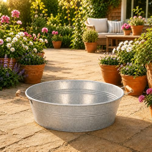 Große Zinkschale mit Holzgriffen 50 x 13,5 cm - Wetterfeste Pflanzschale für draußen, Gartenschale, Pflanzgefäß in Silber - Metallwanne mit Henkel ideal als Springbrunnen, Solarbrunnen, Miniteich