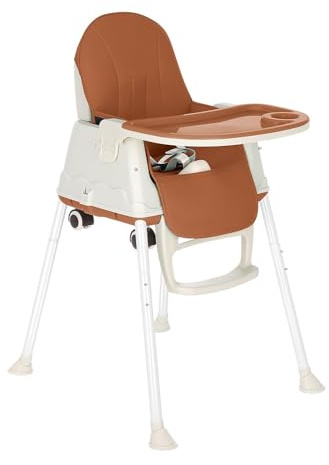 M.J COMFY-LIFE 3-in-1 Convertible Baby High Chair – Adjustable Toddler Feeding Chair with Removable Tray, 5-Point Harness, and Wooden Legs – Suitable from 6 Months to 5 Years (Coffee)