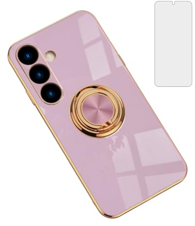 Asuwish Phone Case for Samsung Galaxy S25 5G and Ring Holder Kickstand with Tempered Glass Screen Protector Cover Slim Soft Silicone Hybrid TPU Protective Cell Accessories S 25 25S G5 Women Men Purple