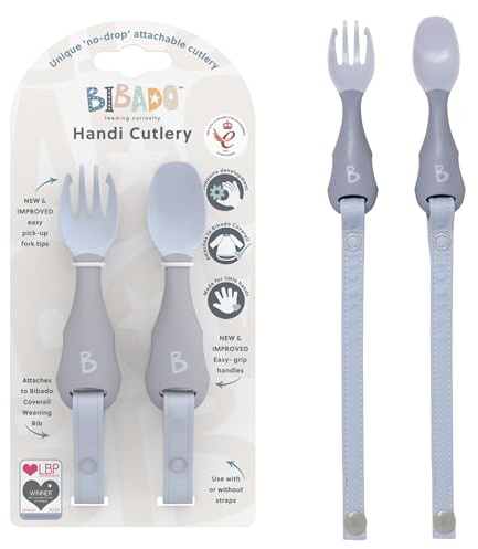 Bibado - Handi Cutlery Set (Mist) - Toddler Cutlery Weaning Set - Baby Spoons & Forks - Use with Coverall Bibs - Detachable Straps - Dishwasher Safe, BPA Free - Baby Essentials - 6 Months to 24 Months
