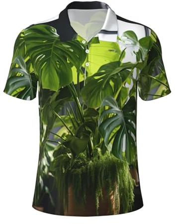 DUWAA Monstera Deliciosa Banana Palm Print Men's Polo Shirts,Short Sleeve Golf Shirt,Moisture Wicking Casual T-Shirt, Black, S
