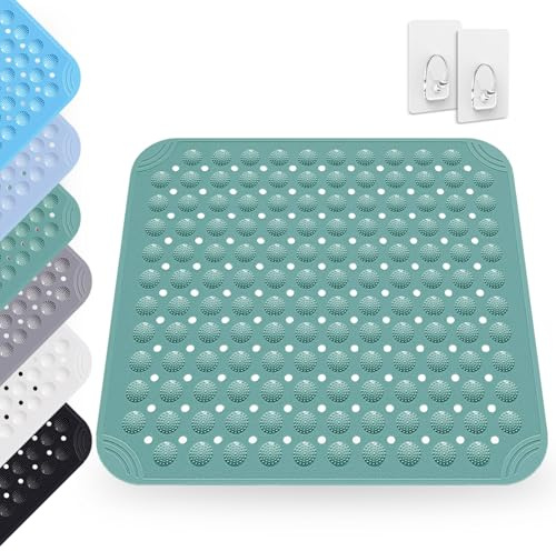 Tappetino Doccia, 48 x 48 cm, Tappetino Antiscivolo in PVC con Ventose, Tappeto Doccia Massaggiante con 2 Ganci, Tappeto Antiscivolo, per Sauna o Vasca da Bagno, Verde Scuro