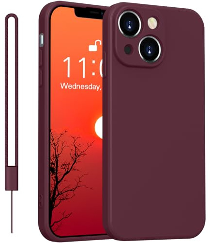 Yoawiful für Handyhülle iPhone 15 Hülle Premium Silikon Kameraschutz Hülle 15 Case mit 1 Lanyard, stoßfest dünn weich Kratzfest Schutzhülle mit Mikrofaser-Futter Weinrot