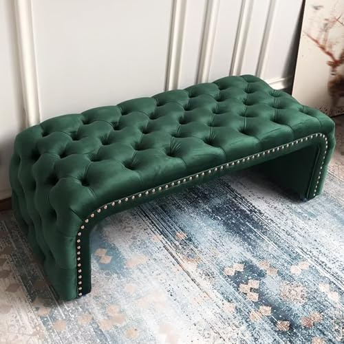 Cómodo banco de almacenamiento tapizado con botones y esquinas redondeadas, ideal para dormitorio, sala de estar, entrada, color verde, 120 cm, perfecto para pies de cama.