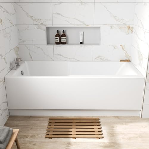 Baystone® 1700 x 750mm Single Ended Straight Shower Bath Tub with Side Panel White Gloss Acrylic Luxury for Bathroom Alcove Corner Modern